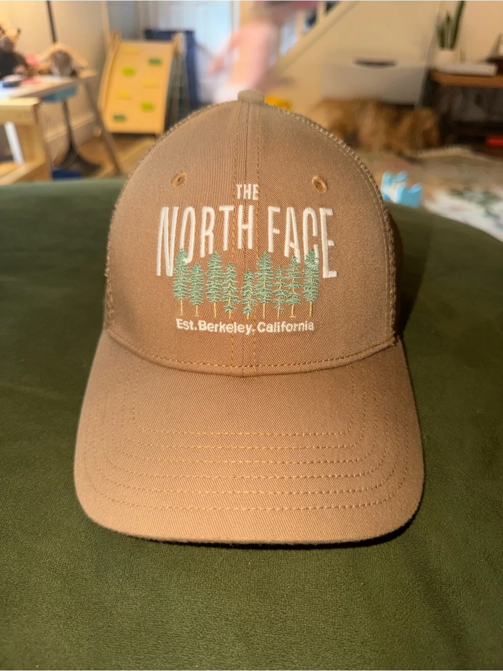 The North Face Tan Trucker Hat with Green Tree Embroidery Berkeley, California